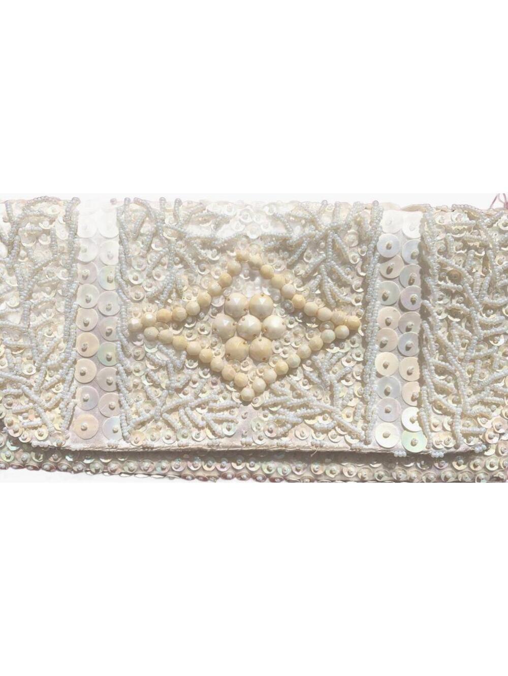 Vintage Beaded Clutch Ivory Pearl Sequin Evening Purse